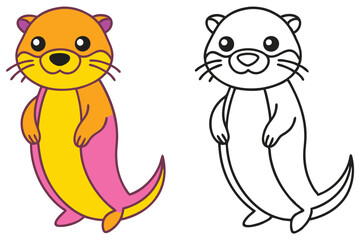 Adorable Cartoon Otter Illustration Color and Outline Version for Kids Coloring Book Pages