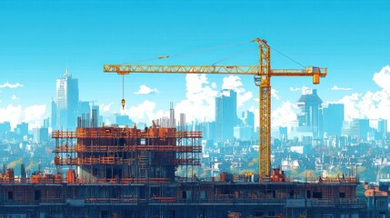 Cityscape construction crane building site sunny day