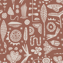 Seamless floral pattern. Floral silhouette design in brown-red and beige tones.