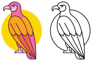 Colorful Vulture Illustration with Line Art Version A vibrant depiction of a vulture bird shown in a pink and orange color scheme and a simple black and white line art version
