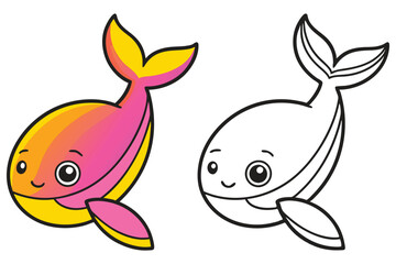 Adorable Cartoon Whale Illustration Color and Outline Version for Kids Coloring Book Pages