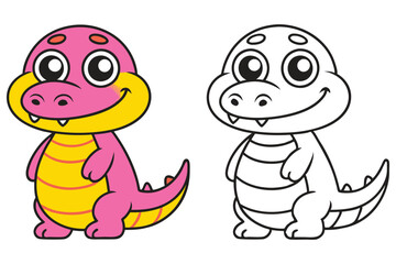 Adorable Cartoon Baby Alligator Coloring Page Illustration Featuring a Pink and Yellow Alligator and a Black and White Outline Version
