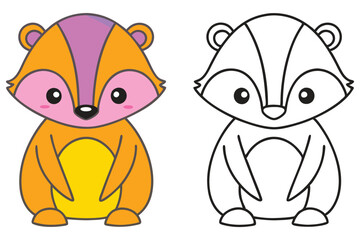 Adorable Cartoon Badger Coloring Page Illustration for Kids Featuring a Cute Orange and Pink Badger and a Black and White Outline Version