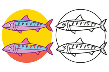 Two Colorful Mackerel Fish and Their Line Art Versions in a Circular Design