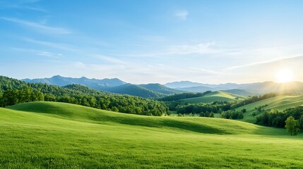 Fototapeta premium Spring nature flourishing scenic flower fields in vibrant green landscapes