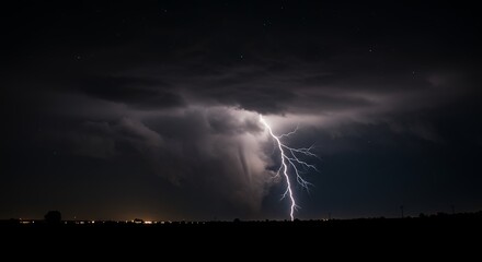 Lightning Strike over Dark Field at Night with Ominous Storm Clouds
