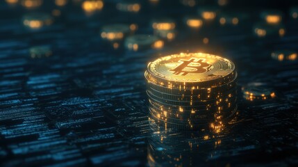 Stacks of Bitcoin Coins with Glowing Elements on a Digital Background Symbolizing Cryptocurrency and Blockchain Technology Innovation