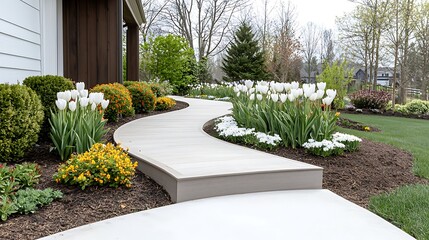 Spring flora display white tulips and colorful flowers in a serene garden pathway