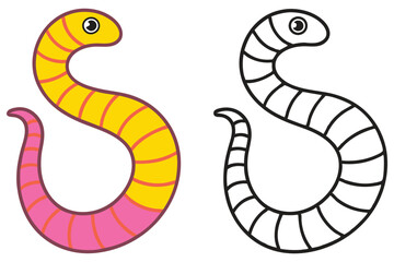 Two Colorful Illustrations of a Cartoon Worm One is Yellow and Pink the Other is Black and White Perfect for Kids Coloring Pages or Educational Materials