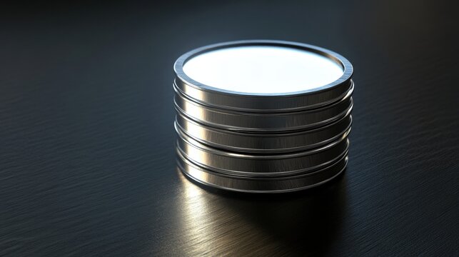 Stack of shiny metallic coins on a dark reflective surface creating a modern and elegant aesthetic ideal for financial or investment concepts