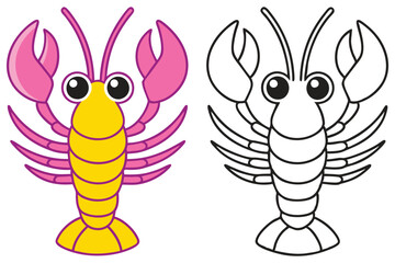 Adorable Cartoon Lobster Illustration Coloring Page Two Versions Pink Yellow and Black White