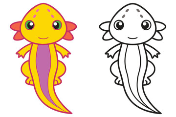 Adorable Cartoon Axolotl Coloring Page Illustration Featuring a Cute Yellow Axolotl and a Black and White Outline Version for Kids