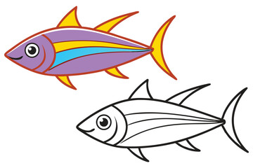 Cute Cartoon Tuna Fish Illustration Coloring Page for Kids