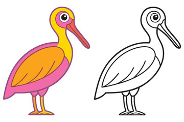 Adorable Cartoon Eurasian Spoonbill Bird Illustration with Coloring Page