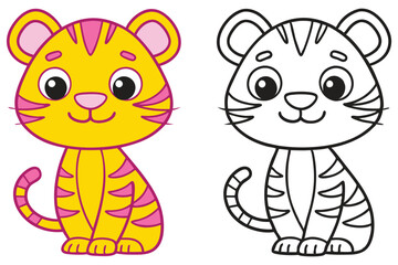 Adorable Baby Tiger Coloring Page Illustration Featuring a Cute Cartoon Tiger in Two Versions One Colored and One Ready to Color