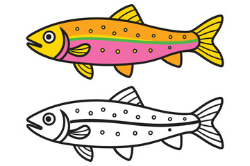 Colorful Fish Illustration and Outline Drawing for Kids Coloring Book Activity