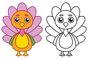 Adorable Cartoon Turkey Coloring Page Thanksgiving Illustration Bird Animal