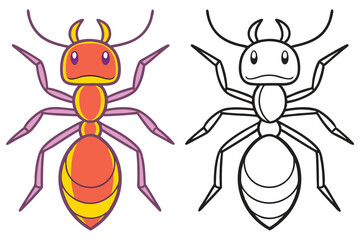 Adorable Cartoon Ant Illustration Coloring Page with Two Versions  Colored and Outline Ready for Kids