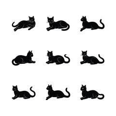 Set of black cat silhouettes in various poses editable vector illustration design