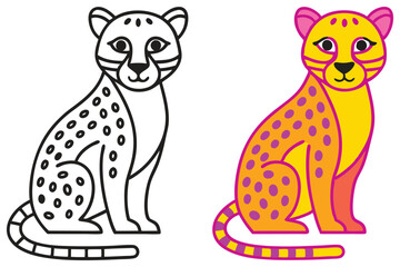 Adorable Cheetah Coloring Page Illustration for Kids Featuring a Black and White Outline and a Vibrant Orange and Pink Version