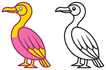 Adorable Cartoon Bird Illustration Pink Yellow Color and Outline Version for Coloring Book