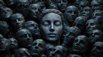 Fototapeta premium Captivating Sculpture of Human Faces Emerging from an Enigmatic Sea of Stone, Showcasing Complex Emotions and Intricate Details in a Dark Atmosphere