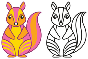 Adorable Cartoon Squirrel Illustration for Kids Coloring Pages a Fun and Educational Activity for Children Featuring a Pink and Yellow Squirrel and Its Black and White Outline