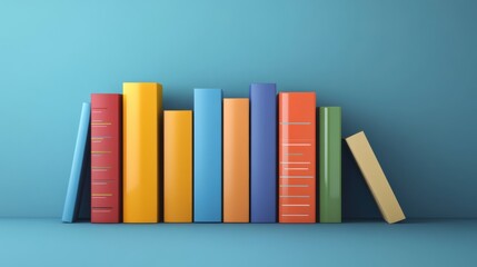 Colorful Arrangement of Books on a Shelf Against a Blue Background Displaying Various Sizes and Shapes in a Minimalist Style