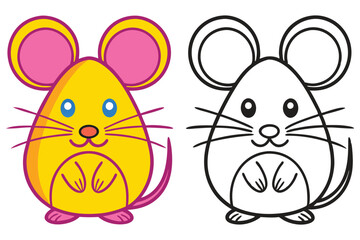 Adorable Cartoon Mouse Illustration Color and Outline Versions for Kids Coloring Pages