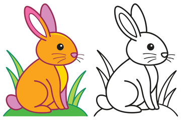 Adorable Orange Rabbit and its Coloring Page Illustration in Grass