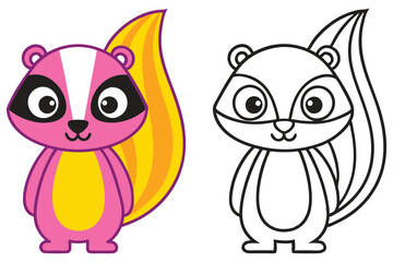 Adorable Cartoon Skunk Illustration Color and Outline Versions Cute Animal Character Design for Kids Coloring Book Pages