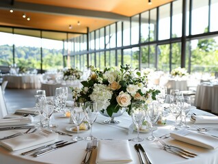 Elegant wedding reception table centerpieces scenic venue floral arrangement soft ambient lighting low-angle viewpoint eye-catching design