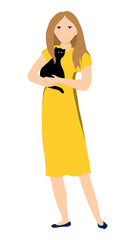 A young woman in a yellow dress stands in a relaxed pose holding a black cat in her arms.. Person Isolated flat cartoon design element.