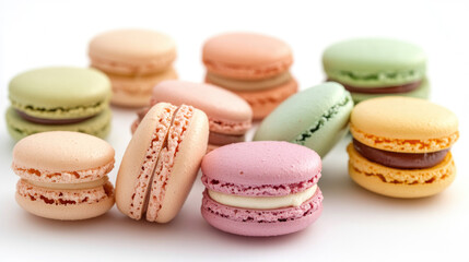 Pastel-colored macarons with a smooth texture and delicate filling, arranged neatly on a white background