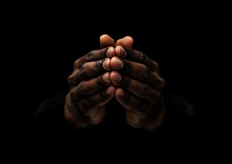 Dark-skinned hands clasped in prayer, black background, faith