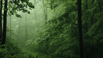 Fototapeta premium A serene forest scene with a wooden bench nestled amongst lush green trees and rich saturation of greens creating a peaceful atmosphere.