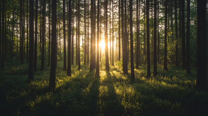 Obraz premium A gorgeous forest scene bathed in sunlight shining through the trees creating a vibrant environment with rich saturation of greens.
