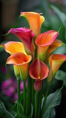 A close-up of multicolored calla lilies in shades of red, orange, yellow, and purple against a dark background.