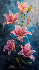 Abstract Oil Painting of Pink Lilies on Blue Canvas