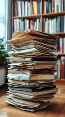Obraz premium Large Stack of Documents and Files Near Bookshelf