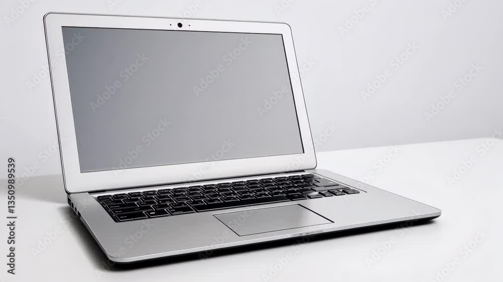 Poster laptop with blank screen on table in minimal workspace setting generative ai