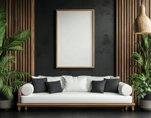 Minimalist interior design featuring a couch and decorative plants