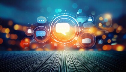 A blurred background with floating chat bubbles and abstract UI elements to represent instant messaging and online communication.