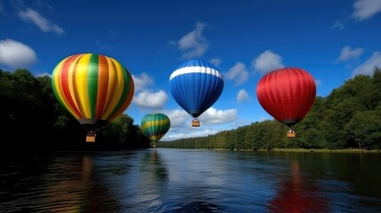 Fototapeta premium Colorful hot air balloons fly low over a calm river surrounded by lush green forests under a bright blue sky.