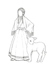 民族衣装を着た女性と子羊