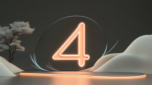 Neon Number 4 on a Futuristic Background