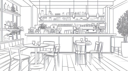 Interior Sketch of Modern Cafe, Empty Tables, Line Drawing