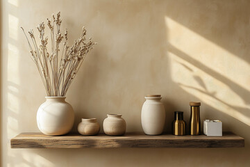 Japandi interior with a beige wall, wooden shelf, and brass accessories. Beige ceramic pots and natural reed sticks in the background.
