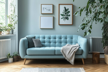 A light blue sofa in a Scandinavian-style interior