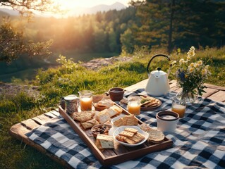 Fototapeta premium Scenic outdoor picnic with lightweight munchies on a blanket mountain view food photography natural setting serene atmosphere